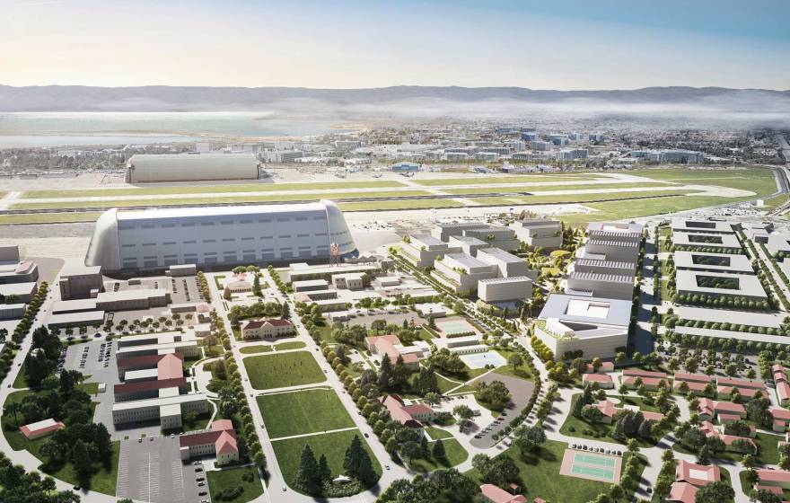 Artist rendering of an office campus with the bay in the background