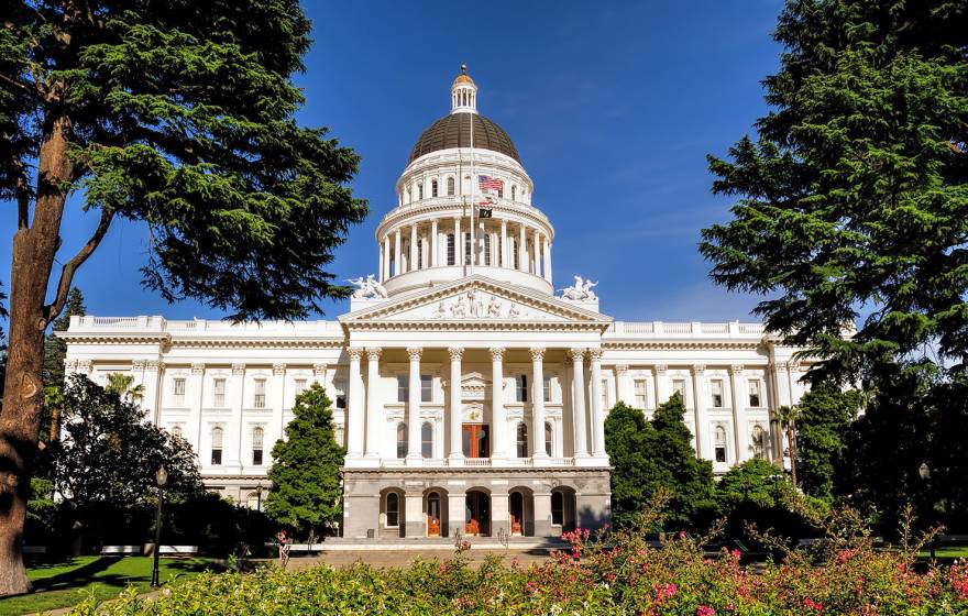 The California State Capitol Building on a blue sky day, with plants and trees out front