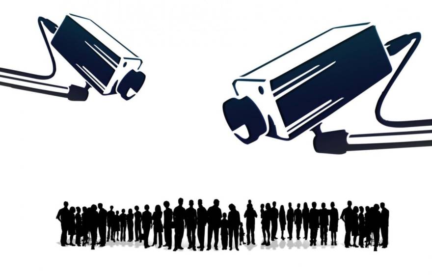 Illustration of two security cameras over a crowd of people in a line
