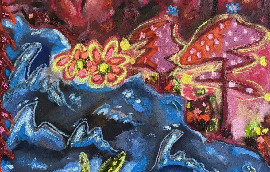 A colorful canvas with a blue river-like zag and a red mountain-like area above it