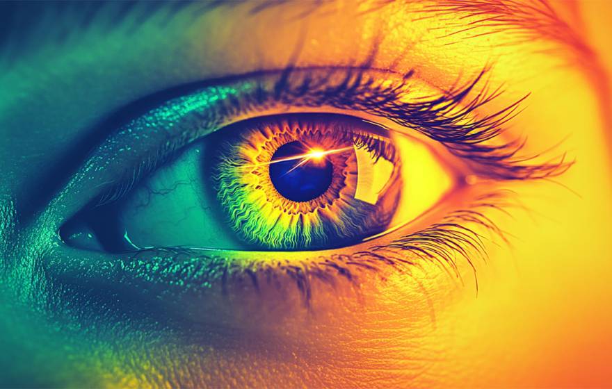 A realistic illustration of a woman's eye in close-up, overlaid with a gradient tint from green to orange