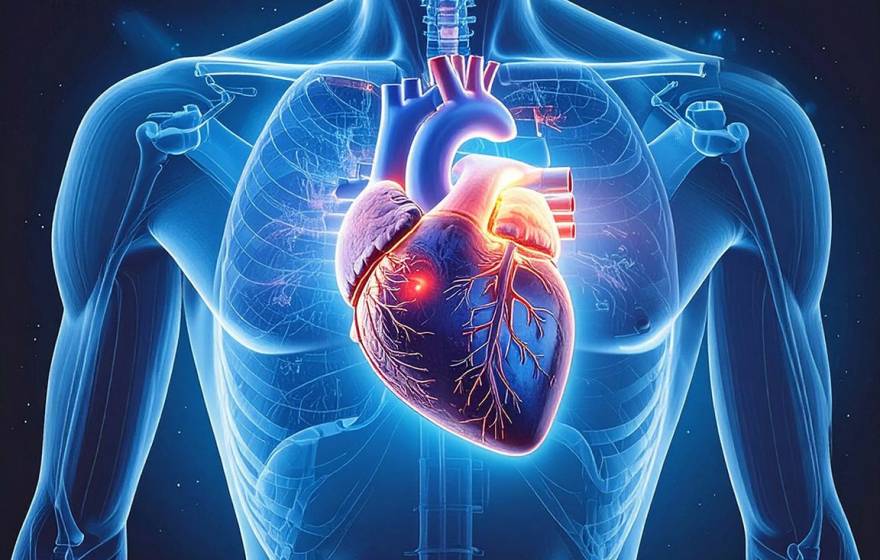 Illustration of a glowing red heart inside a transparent blue chest cavity