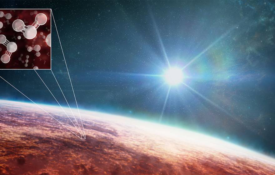 Artist's illustration of WASP-39b and the molecules present in its atmosphere.
