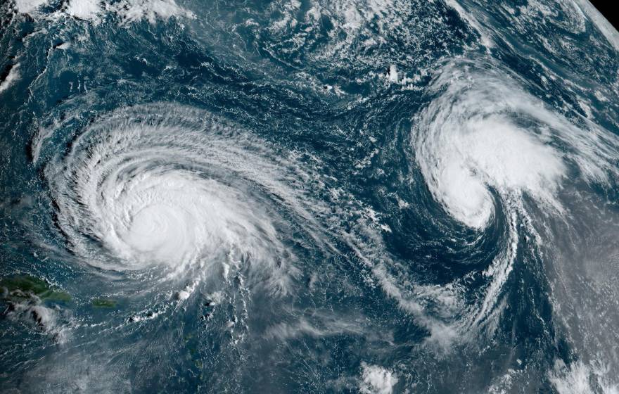 An aerial / topographical view of a hurricane with two eyes