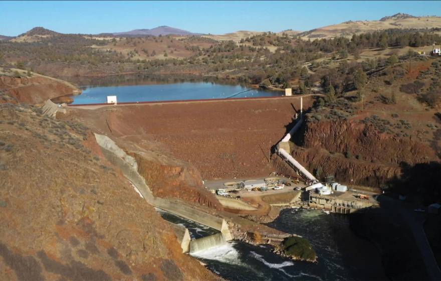 Aerial view of a dam on the Klamath River