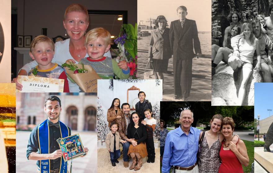 A collage of many pictures of families, individuals, and UC students in graduation robes, from antique to contemporary images