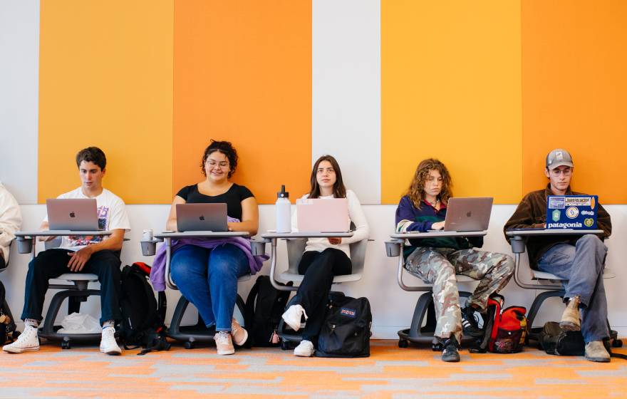 A row of students on laptops sitting at desks in a classroom