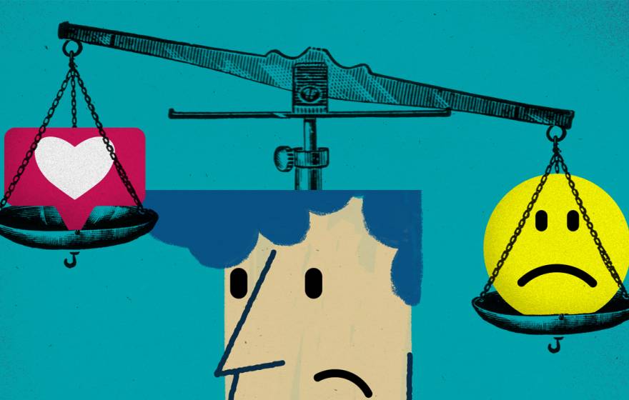 An illustration of a person with scales on their head. One side has a heart and another has a frown