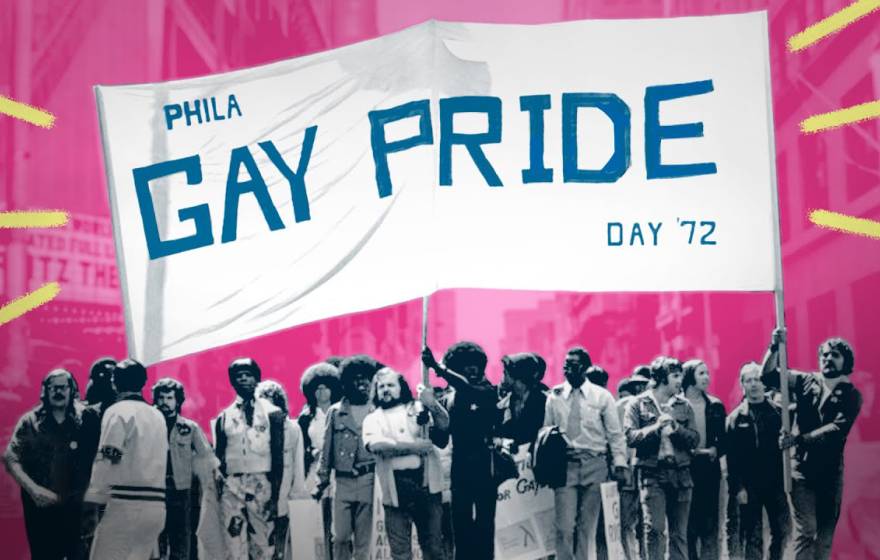 An illustration of a crowd of people carrying a "Gay Pride" banner