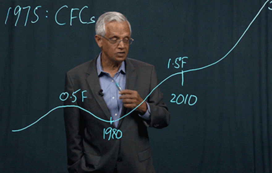 V. Ramanathan drawing a climate chart on a clear dry erase board 