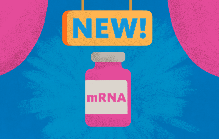An illustration of a vaccine vial with the word "new!" above it on a sign