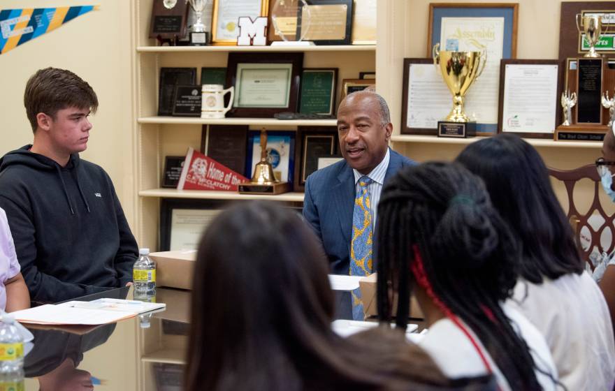 Gary May speaking to students at McClatchy High