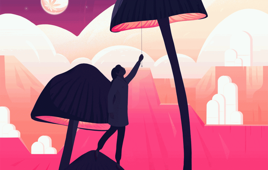 A woman beneath a mushroom turning it on and off like a lamp