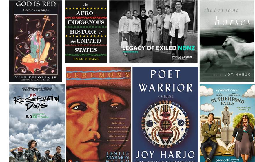 Collage of books, movies, CDs that feature Native American artists