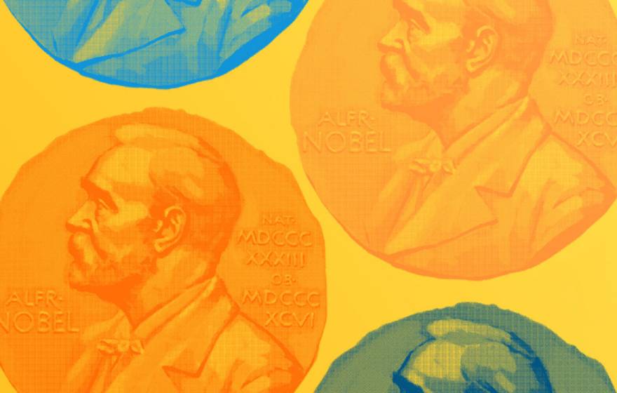 Stylized illustration of Nobel Prize medals in orange and blue on a yellow background