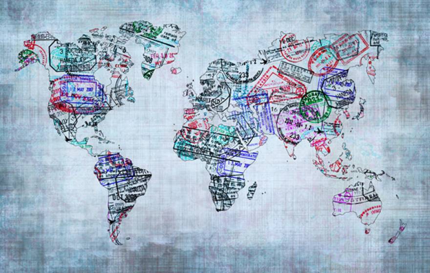 Map made of passport stamps