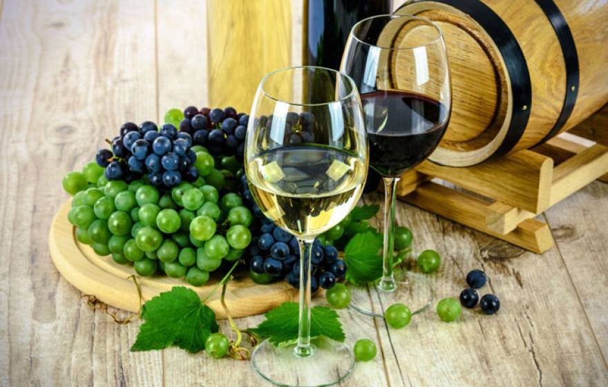 Red and white wine in glasses next to grapes