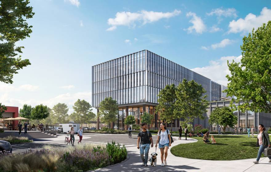 An artist's rendering of a new large building with people, including those walking dogs, around it