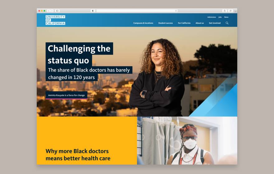 Screenshot of the redesigned University of California website featuring a young Black medical student