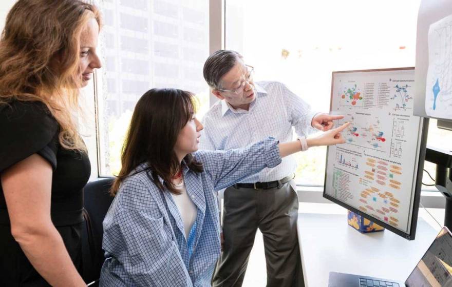 Three people in an office look at a large screen next to another large screen