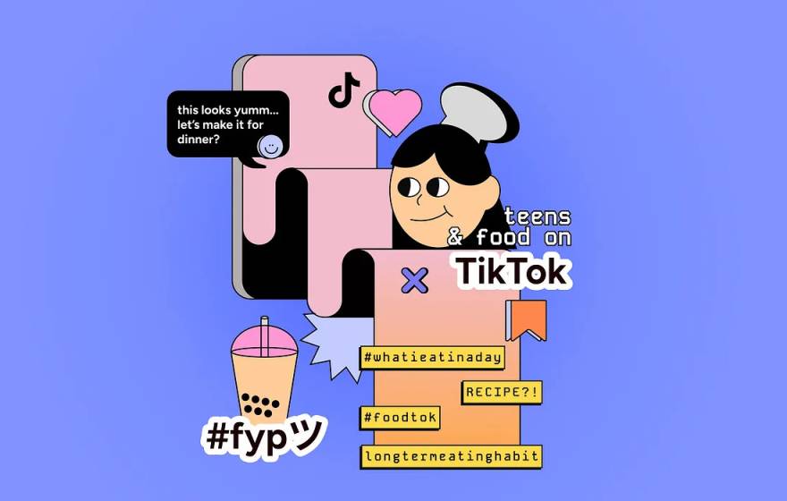An abstract cartoon of a young woman interacting with her phone and Foodtok with hashtags and boba tea around her