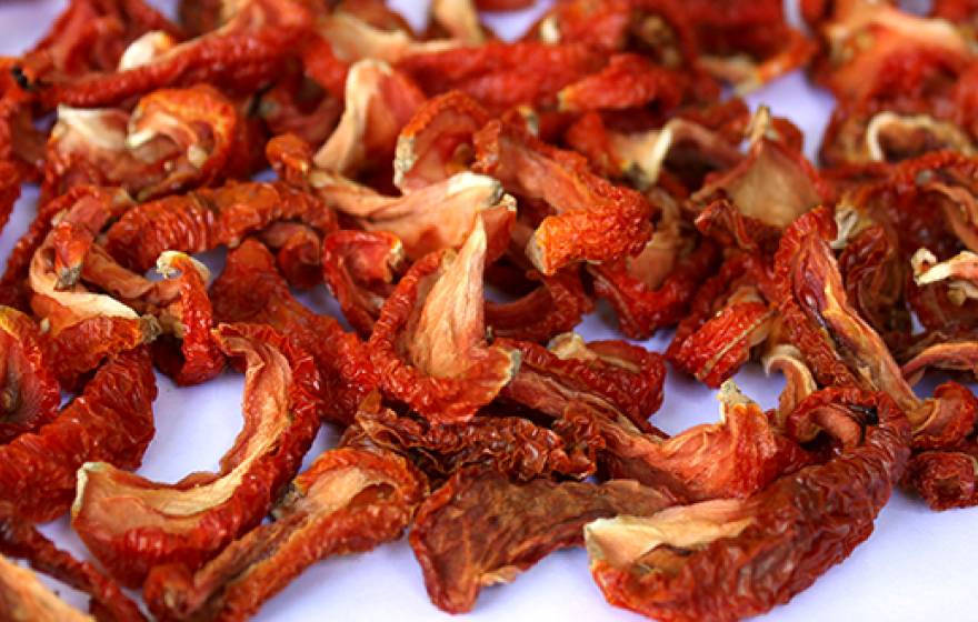 Tomatoes dried in the chimney solar dryer, during an experiment led by Michael Reid and Jim Thompson at the Horticulture Innovation Lab Demonstration Center at UC Davis.