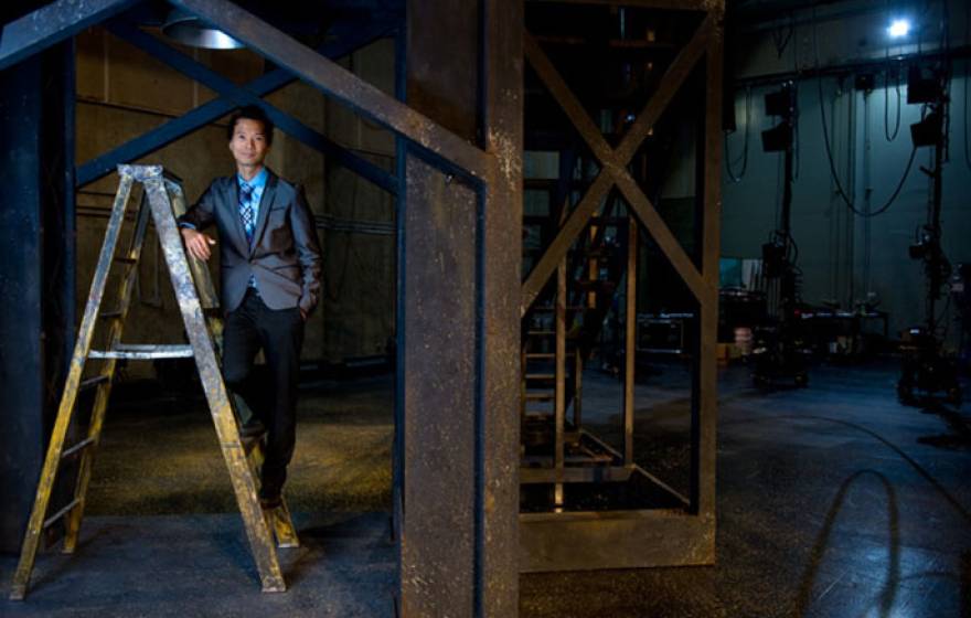 Through The Heart of Delight, Ian Daelucian ’12 serves meals to the needy with a theatrical flair. Daelucian, shown backstage at UC Irvine’s Claire Trevor Theatre, began the nonprofit while pursuing a master’s in stage management at UCI. 