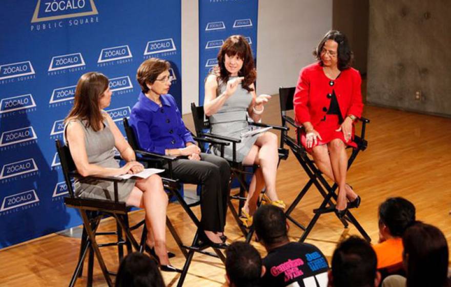 Participating on a Zocalo panel to discuss the social and economic forces limiting low-income Americans' access to healthy food and exercise were Anna Gorman (from eft), UCLA's Roshan Bastani, Tracie McMillan and LaVonna Lewis.