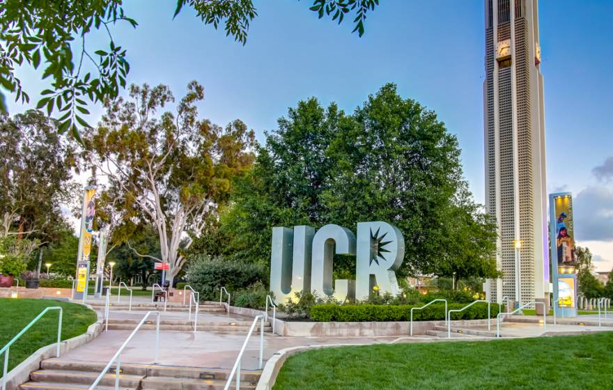UC Riverside UCR sign and bell tower