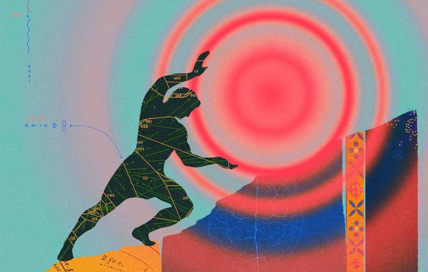 In an illustration, a silhouetted figure pushes a red ball with concentric red circles emanating from it up a hill