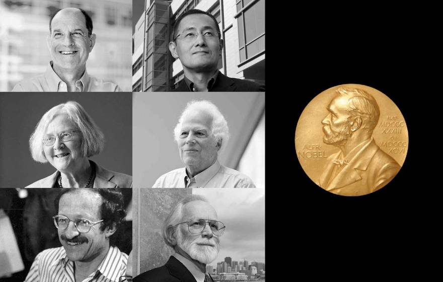 A 2x3 collage of portraits of 6 Nobelists from UCSF next to an image of a Nobel Prize