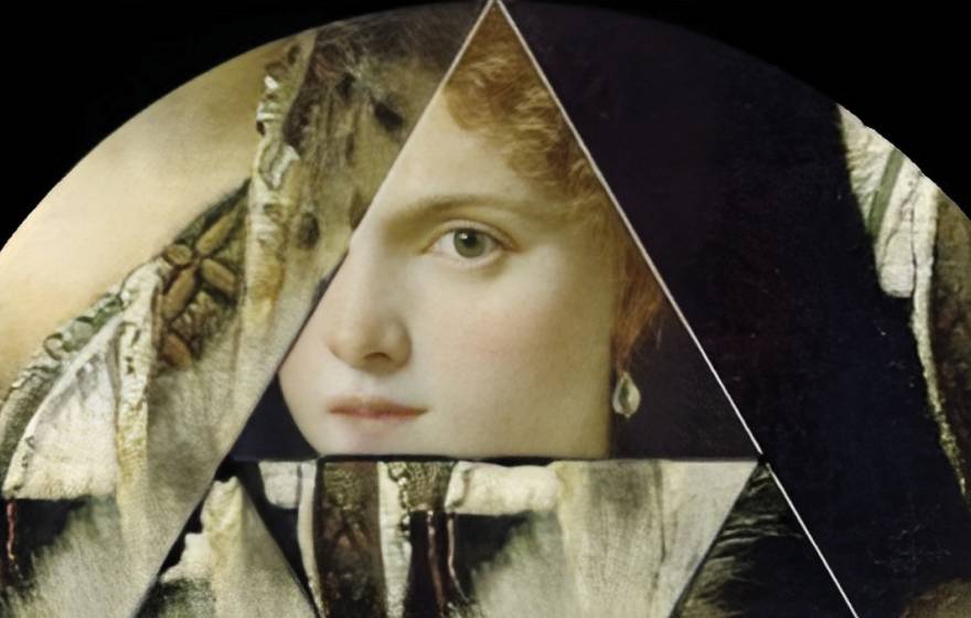 A mosaic of a rearranged Renaissance painting featuring a white woman's face in the middle