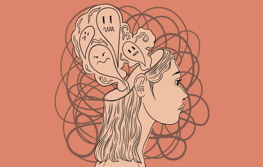A peach-toned illustration of a woman's head in profile, with chaotic squiggles surrounding it, and ghosts floating up out of the top of her open skull