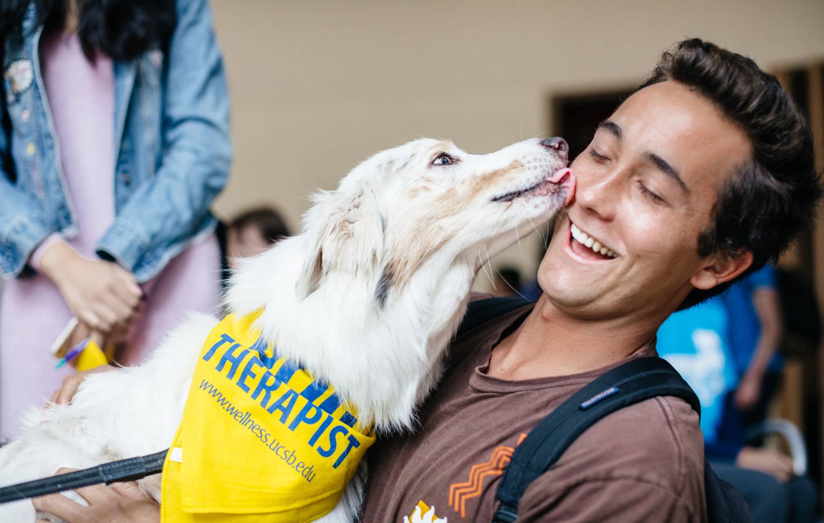 A therapy dog wearing a yellow bandana licks the face of a smiling student.