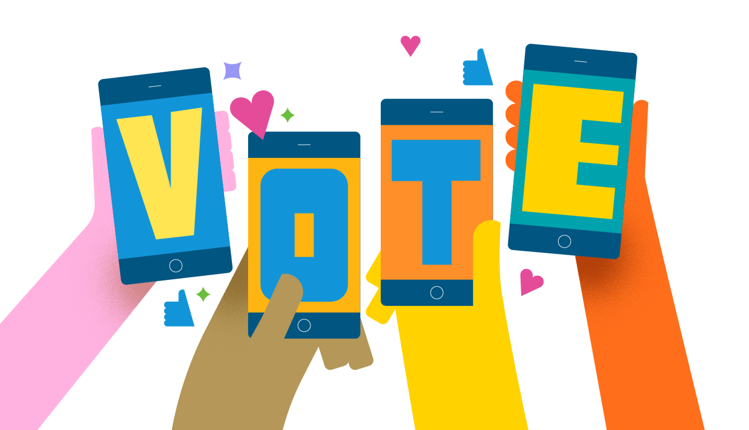 A graphic of four hands holding up the letters on cell phones that spell V O T E