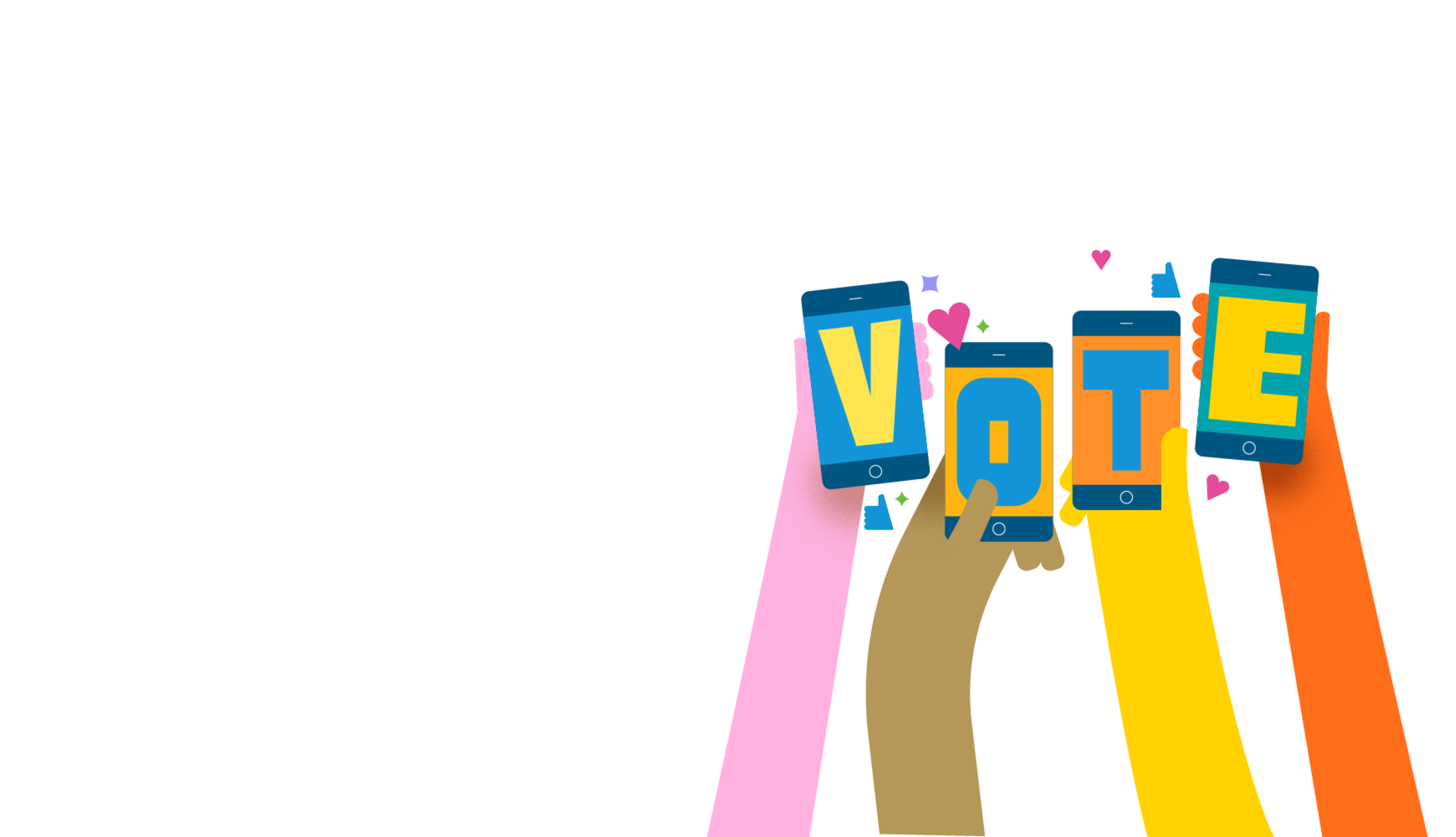 Four raised hands each holding a smartphone displaying one letter to spell "VOTE".
