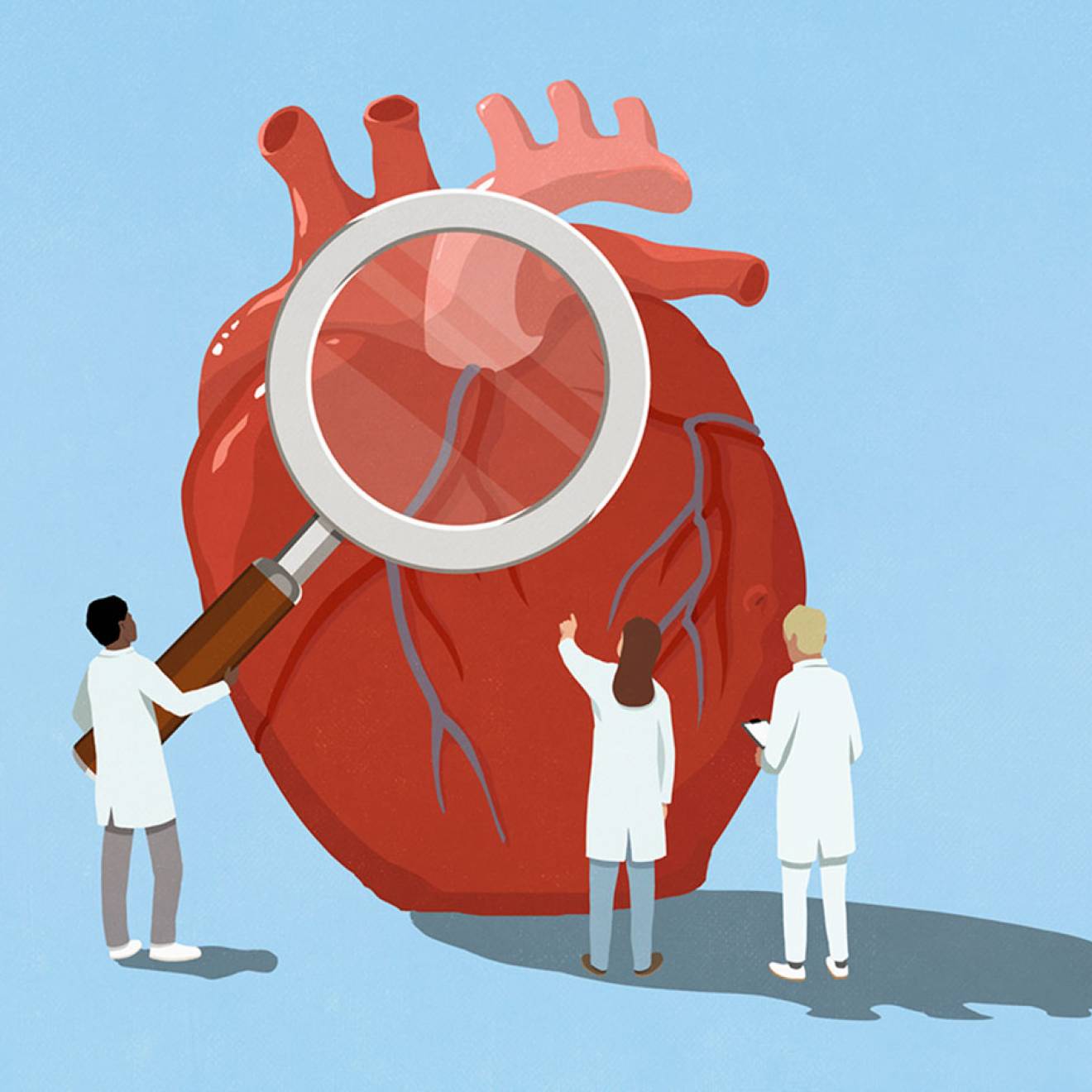 Flat-style illustration of 3 scientists standing around a human heart that's twice as tall as they are. One holds a magnifying glass.