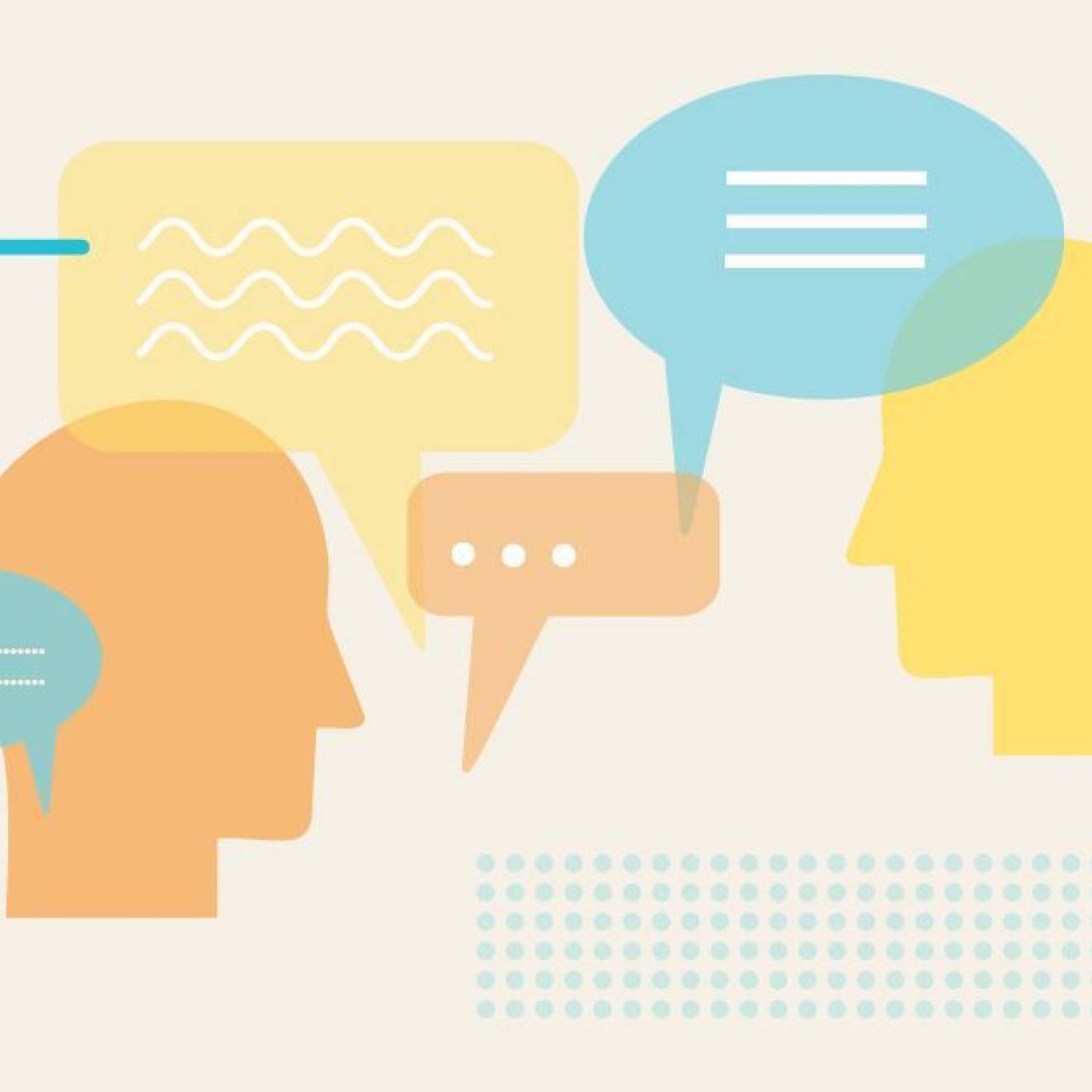 Drawings of spoken and thought bubbles are shown floating between two drawings of heads.