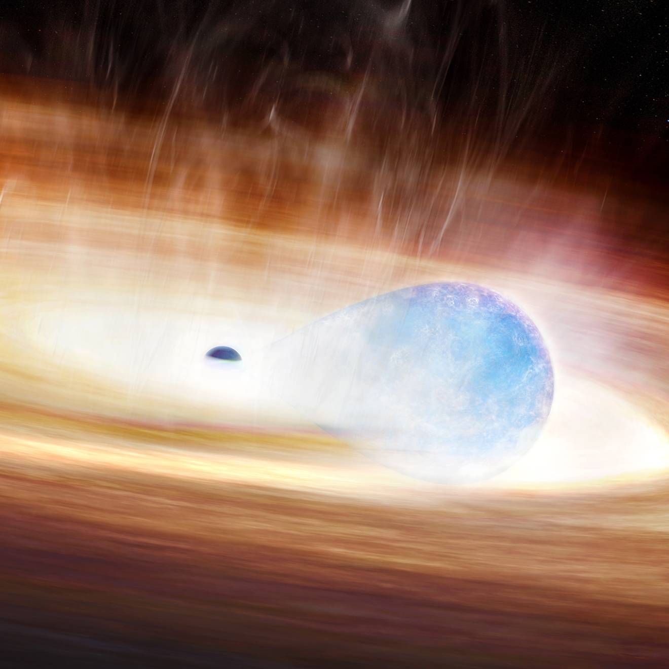Artistic depiction of the explosive interaction between the black hole and the massive nearby star