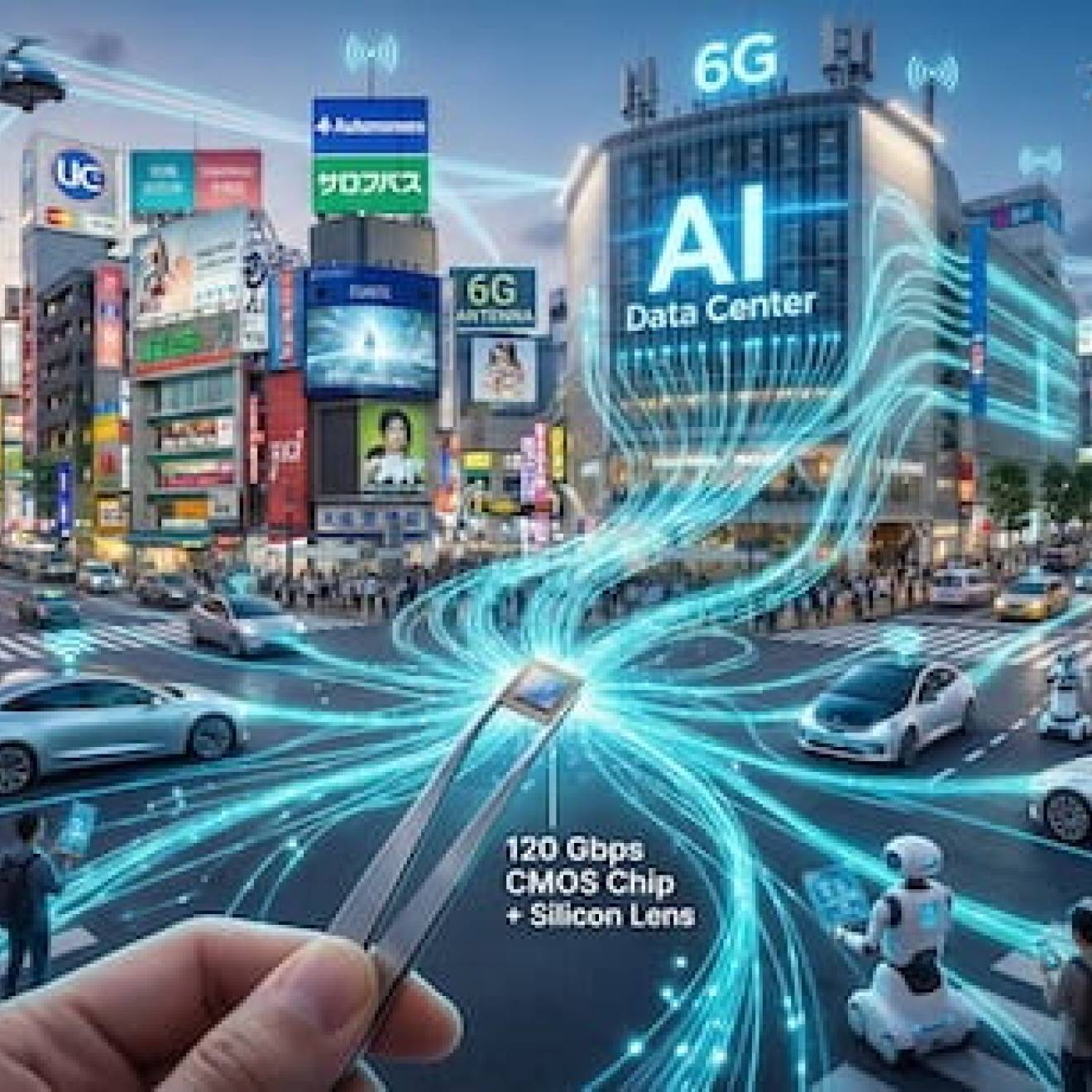 An illustration of a busy intersection in a major city lit up by digital billboards, where a hand holds a computer chip in a pair of tweezers. Rays of light coming out of the chip connect to a building marked "AI data center" and to vehicles and digital devices being carried by pedestrians.