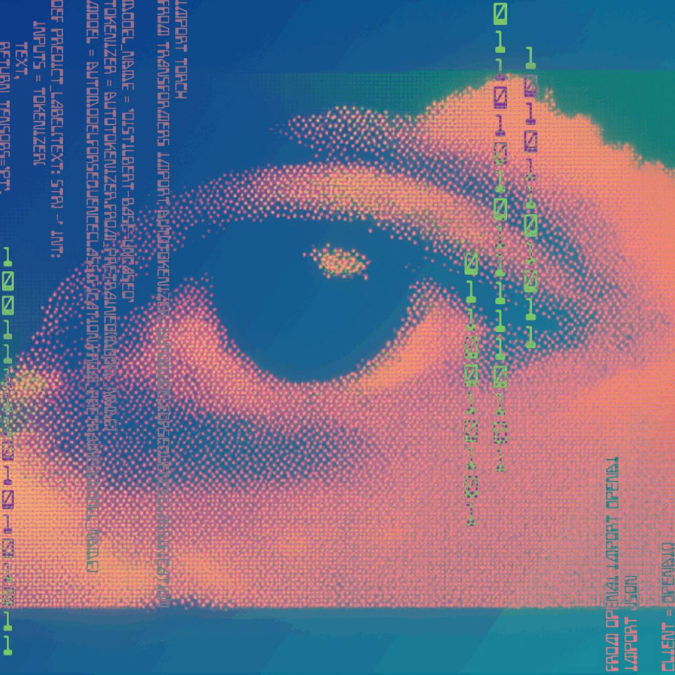 A photo illustration showing an eye in clouds, overlayed with numbers from computer code. The image symbolizes the increasing human-like power of AI systems and their effect on society.