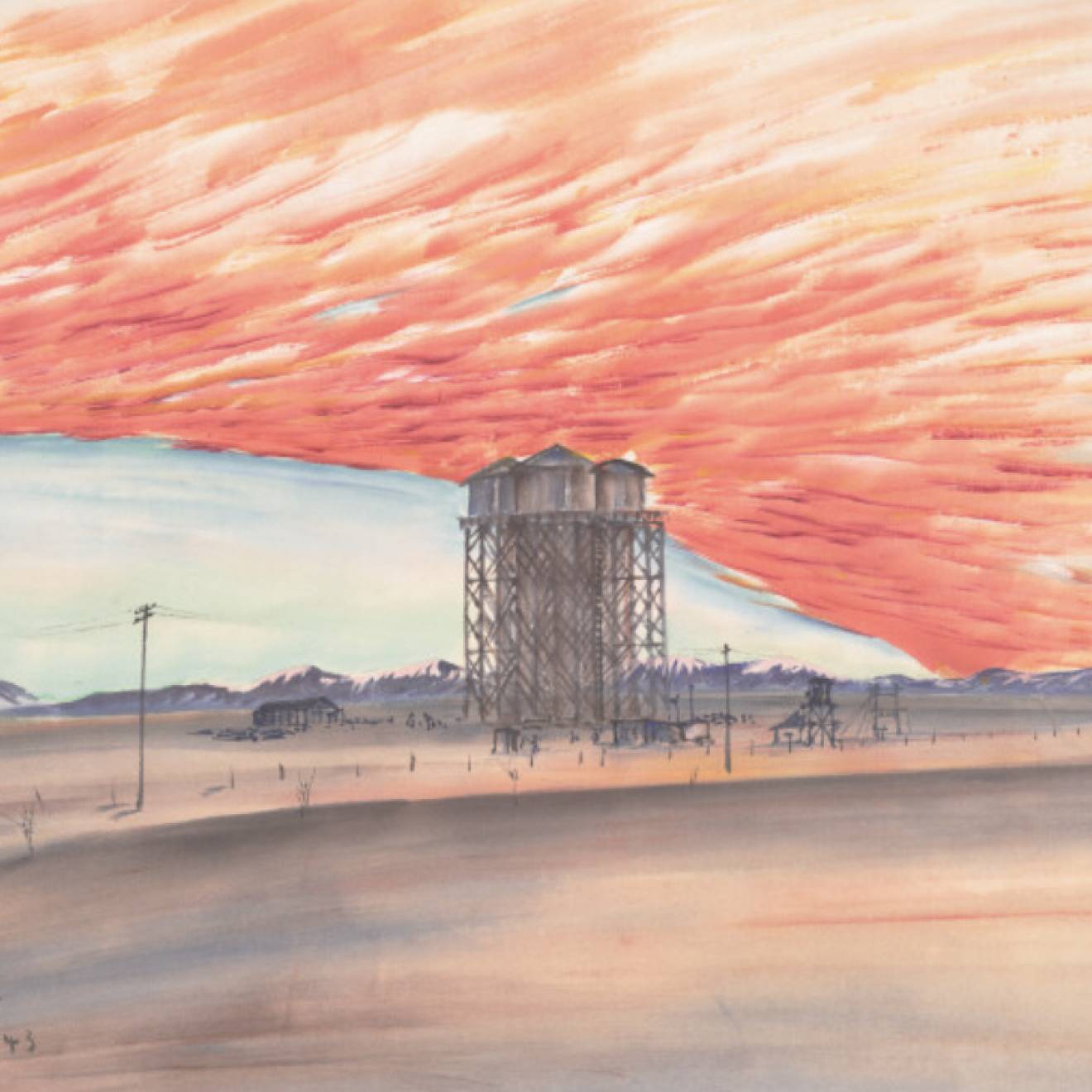 A painting showing a blazing sunset behind a watertower in a desolate landscape, with telephone lines in front of the tower and mountains in the far distance