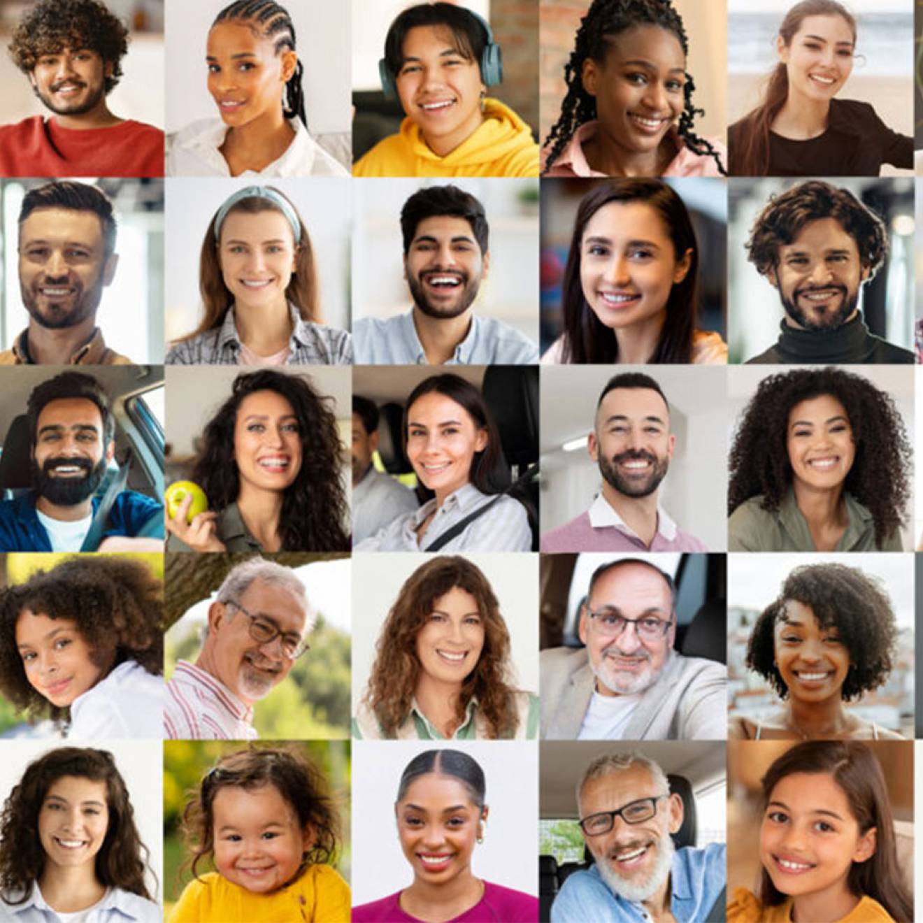 A 9x5 grid of photos of faces of people of varying ages, races and genders