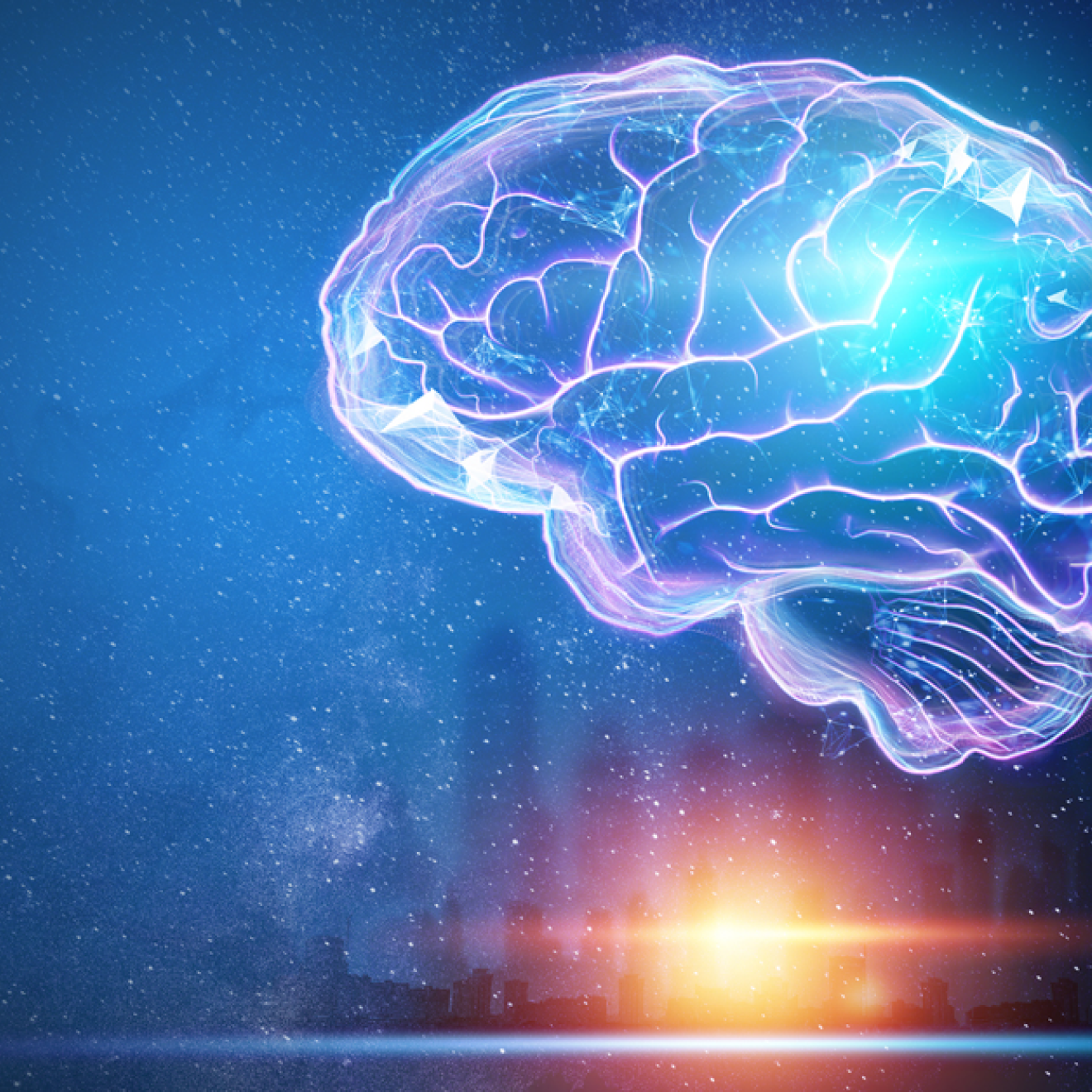Glowing, translucent digital brain outlined in purple and blue light floating against a dark, star-filled background, with a bright sunrise or light flare near a distant city skyline below.