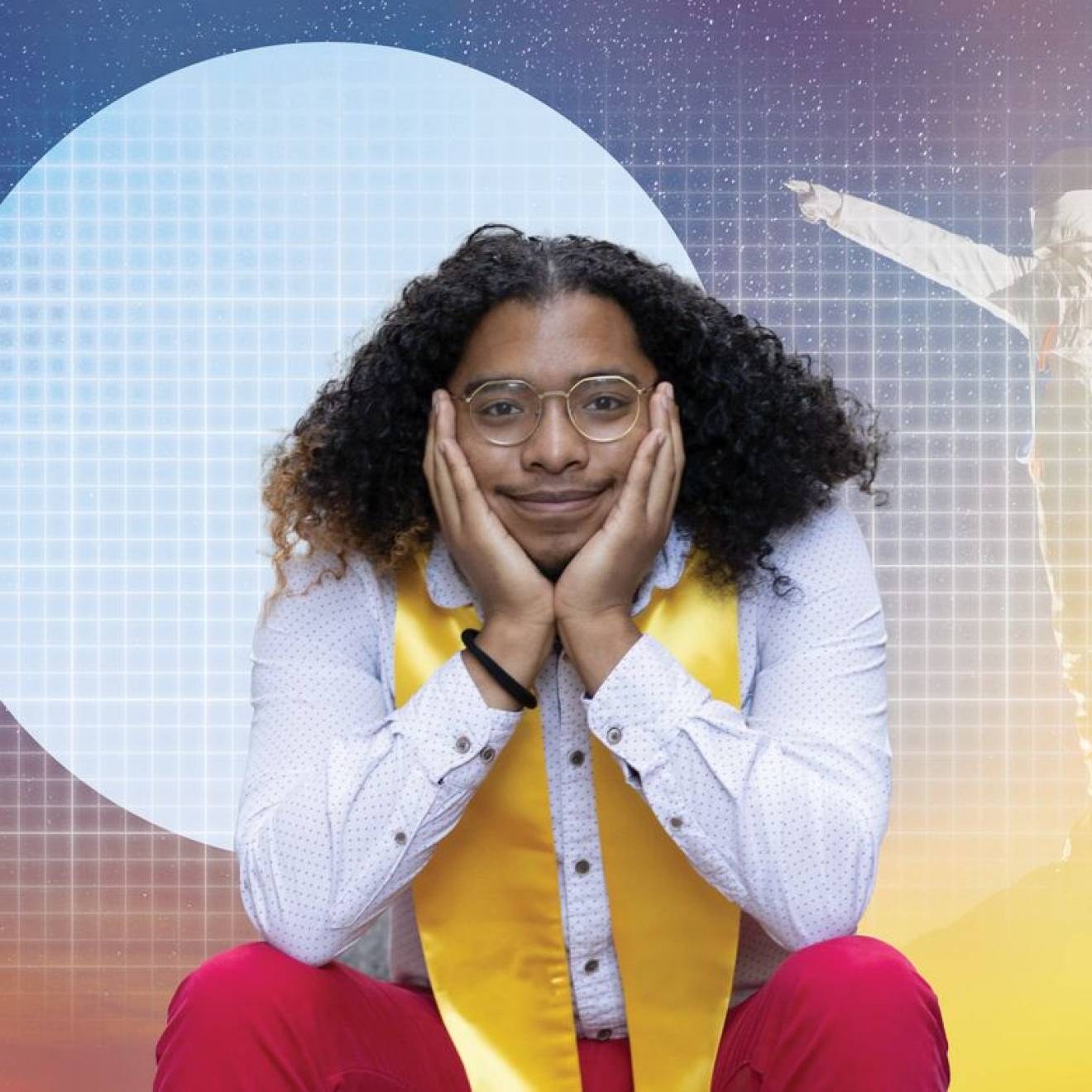 A young man with shoulder-length hair on his shoulders, wearing a stole, smiles at the camera propping up his chin, with the background bearing a gradient illustration of an astronaut pointing at the moon