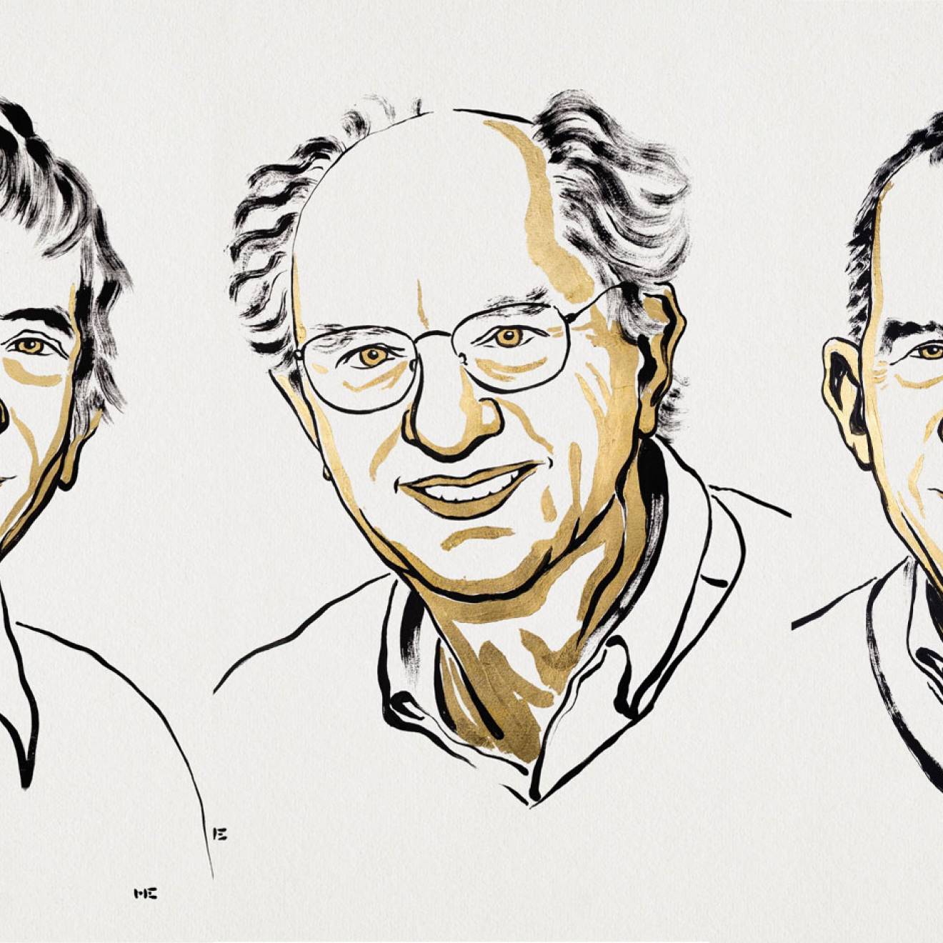 Illustrated headshots of Michel H. Devoret, John Clarke, and John M. Martinis