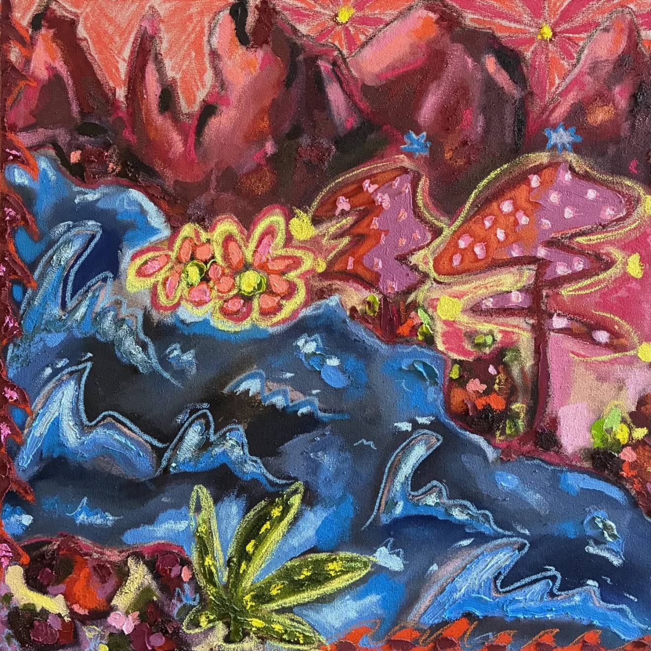 A colorful canvas with a blue river-like zag and a red mountain-like area above it