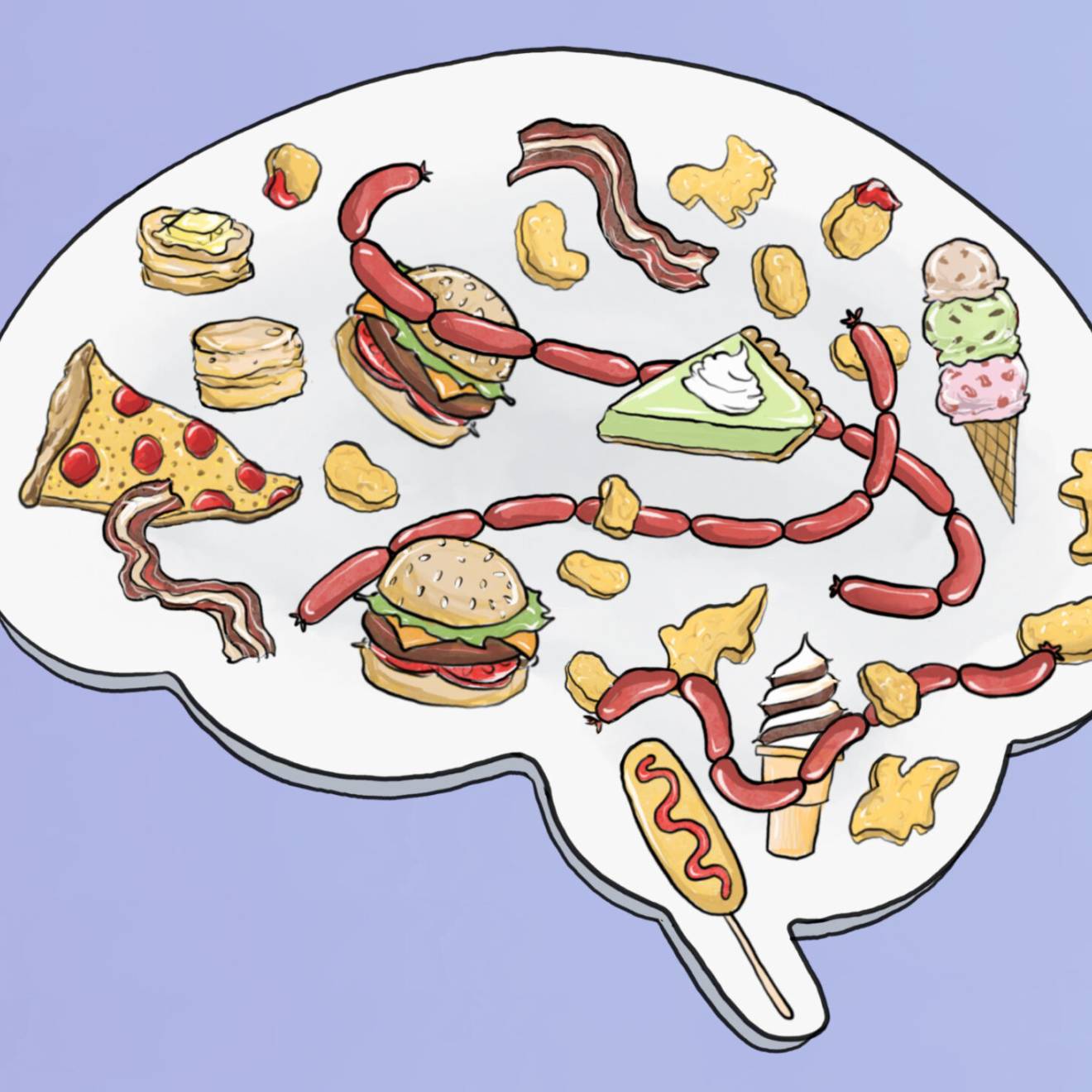 An illustration of a brain on a lilac background in which the brain has a variety of drawings of fatty foods within it