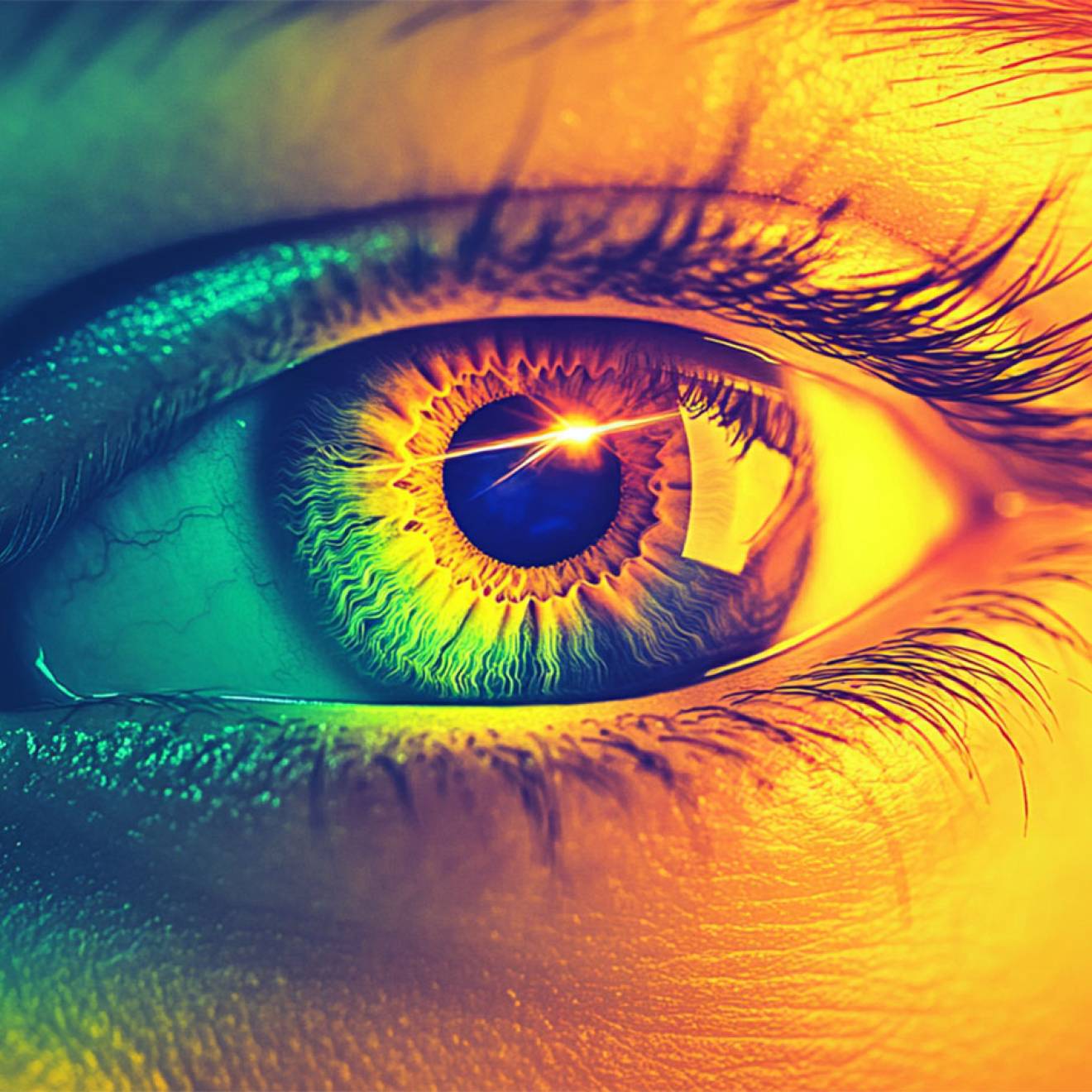 A realistic illustration of a woman's eye in close-up, overlaid with a gradient tint from green to orange