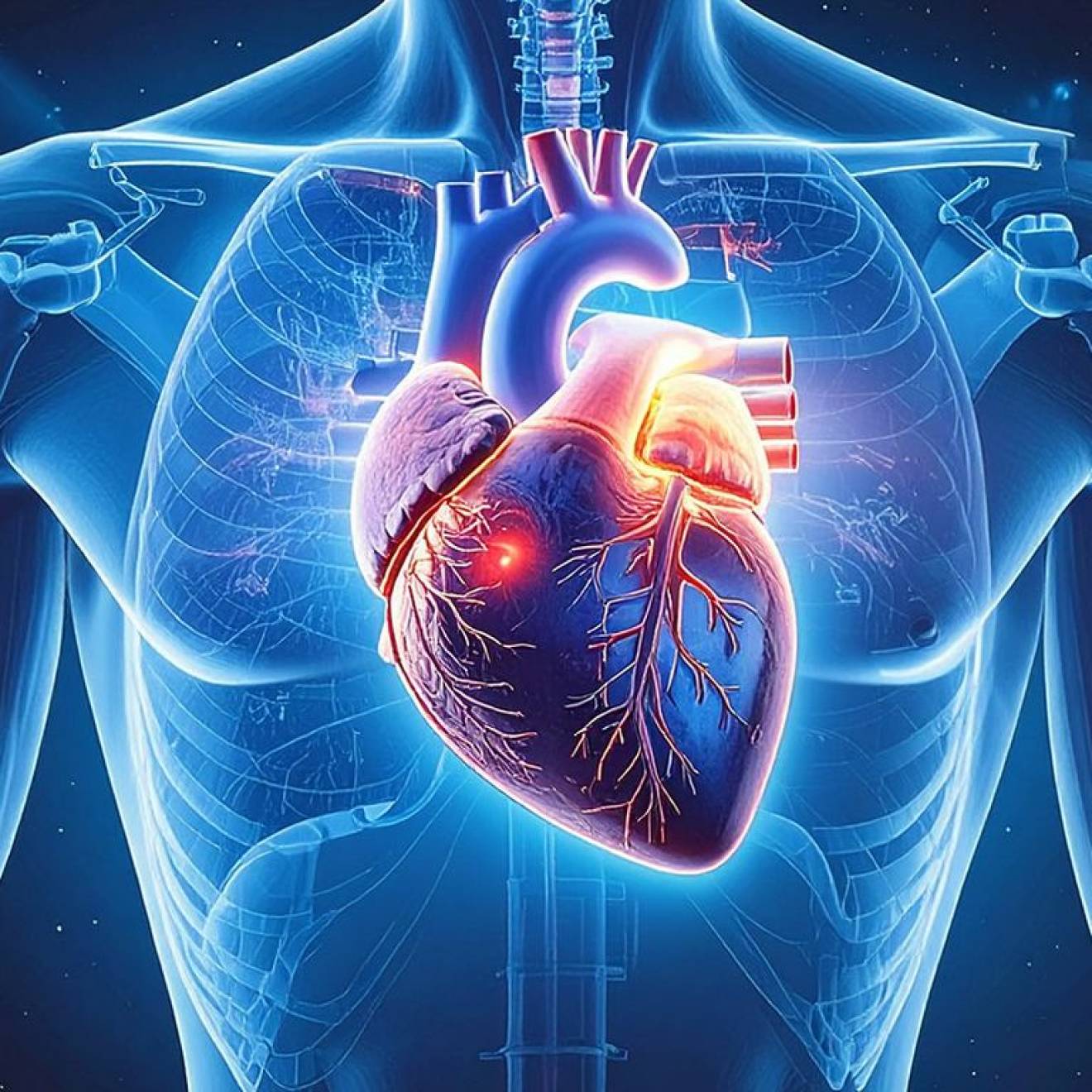 Illustration of a glowing red heart inside a transparent blue chest cavity